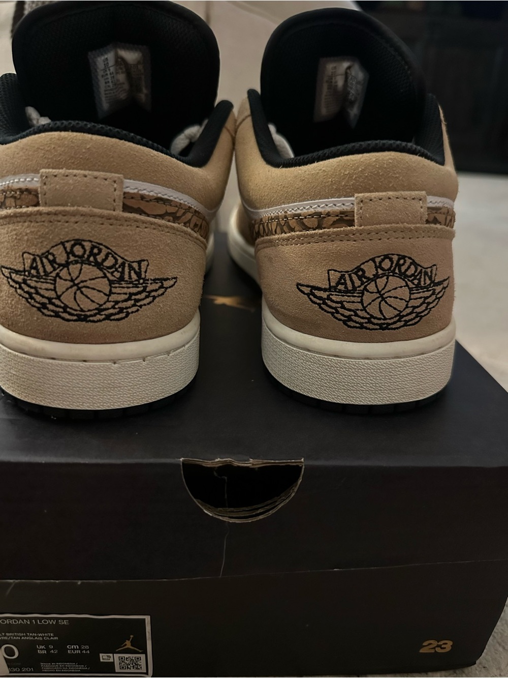 Jordan Low-Top Sneakers in White and Tan with Elephant Print Swoosh - Picture 3 of 8
